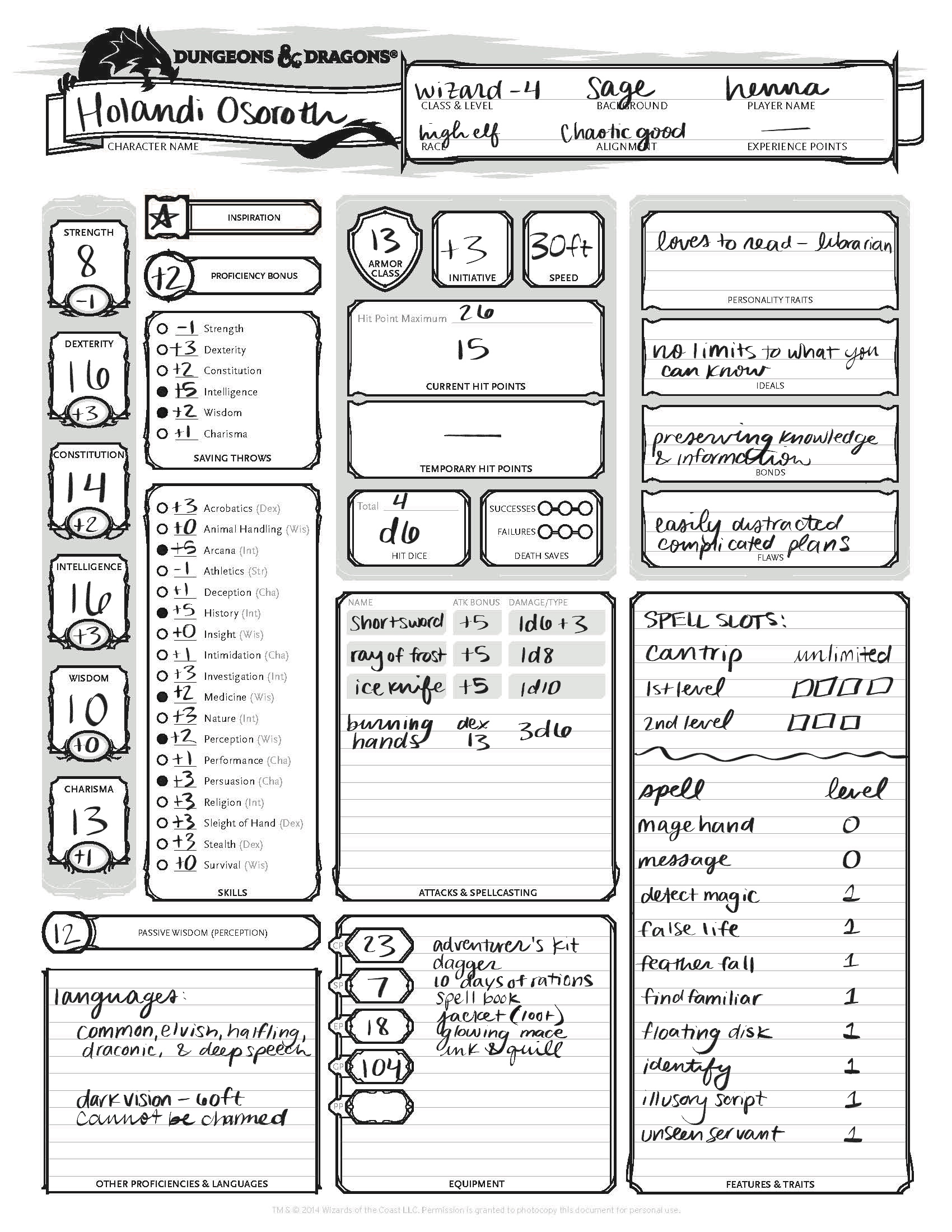 a filled out character sheet