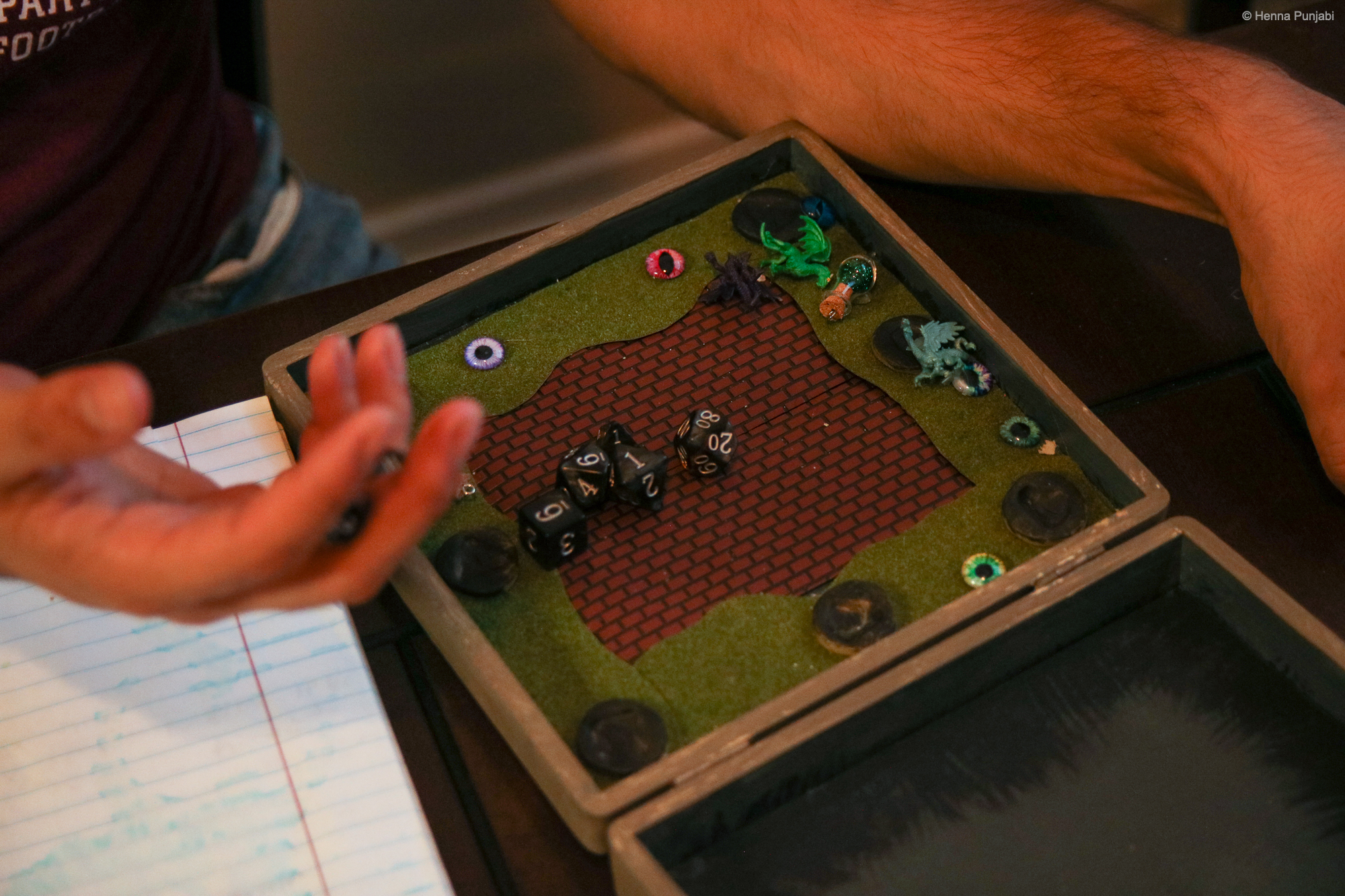 birds eye view of a dice box filled with a set of dice